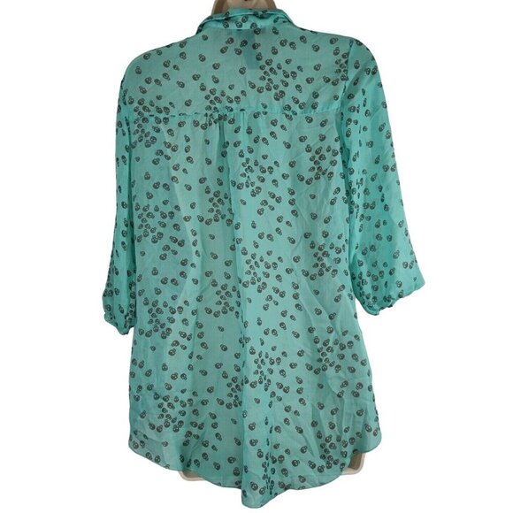 Wishful Park Green Button Up Skull Printed Blouse Top Sheer Women Size L 3/4 Slv - Picture 5 of 8